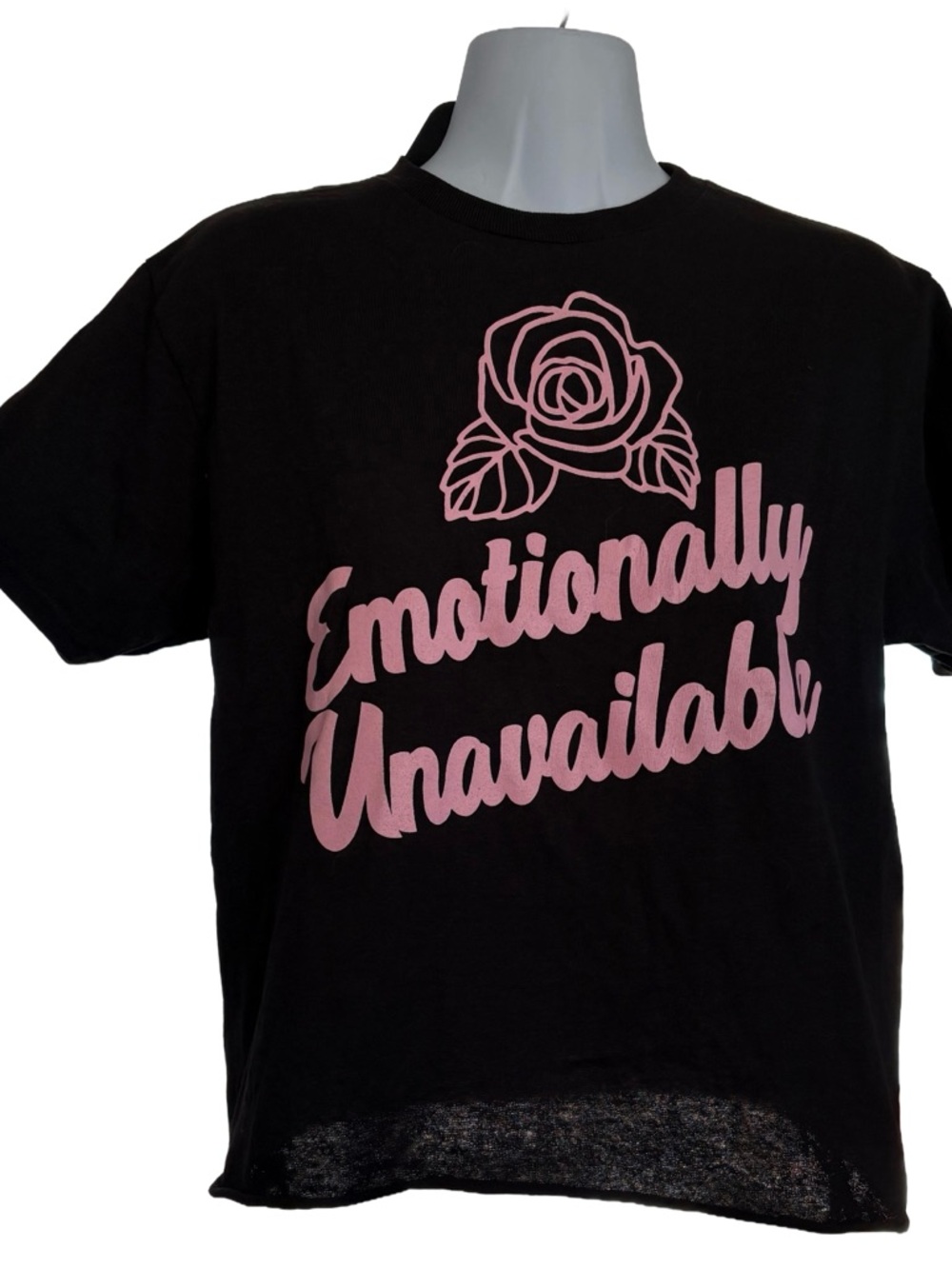 MAD Engine Black Crop Tee with Pink "Emotionally Unavailable" Graphic